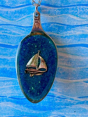 Vintage Spoon Necklace Sailboat Resin - image3